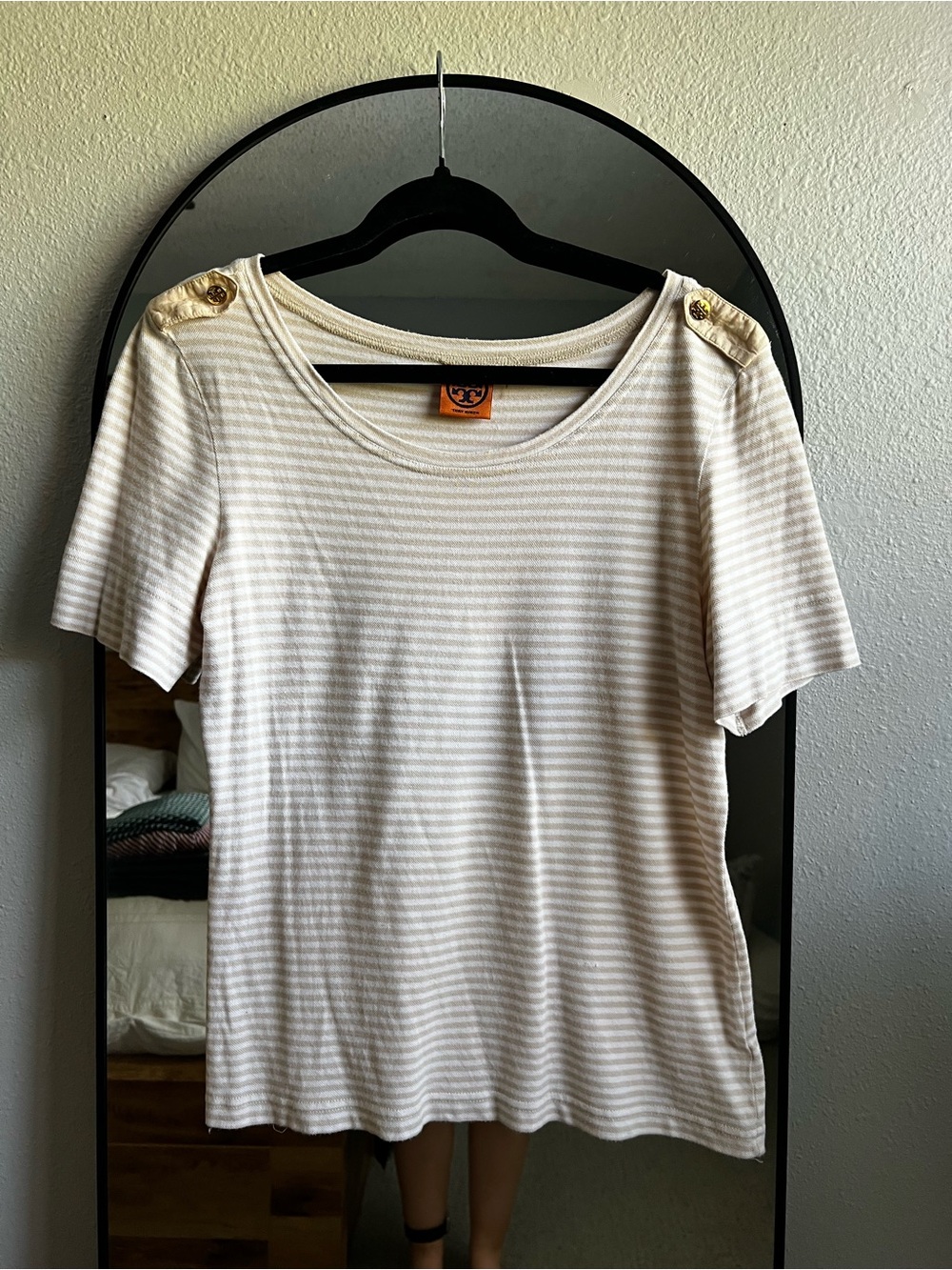 Tory Burch Cream and Beige Striped Short-Sleeve Top with Logo Button Shoulders